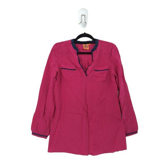 Tory Burch Women 6 Blouse Magenta Pink Contrast Long Sleeve V Neck Silk FLAW - Picture 1 of 8
